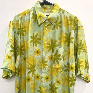 Vintage - Beecroft & Bull Men's Floral Rayon Shirt - Spring Green & Mustard (M)